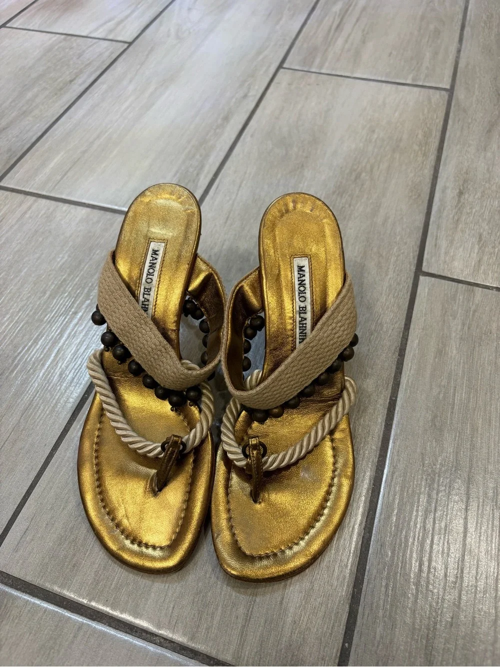 Manolo Blahnik Gold Rope-Trim Slide Sandals